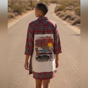 Upcycled Flannel Shirt/Dress With "Drivin' In My Pontiac" Graphic On Back